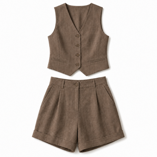 Button-Front Crop Top and Shorts Set - Brown