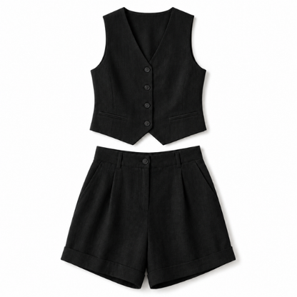 Button-Front Crop Top and Shorts Set - Black