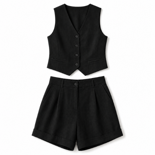 Button-Front Crop Top and Shorts Set - Black