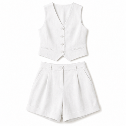 Button-Front Crop Top and Pants Set - White