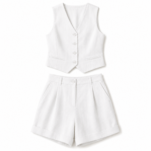 Button-Front Crop Top and Pants Set - White